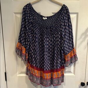 Blue and White Smocked Blouse with Ruffled Sleeves